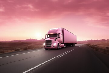 Landscape with pink delivery truck on the road, concept of logistics and transportation. generative AI - obrazy, fototapety, plakaty
