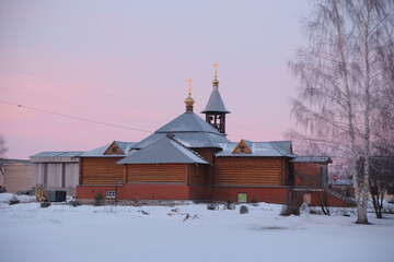 church in winter at dawn