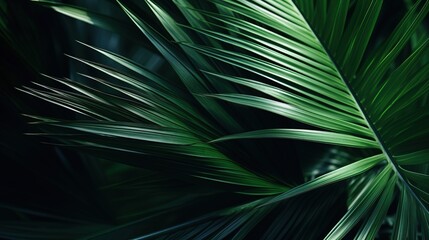 tropical palm leaves with shadow on green background, with copy space for text
