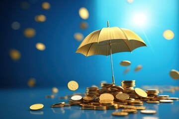 Umbrella and falling coins , blue background, wealth and goods concept. Generative AI