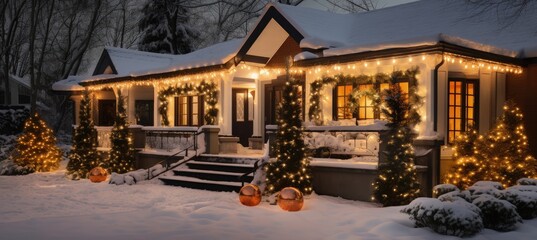 House facade decorated with Christmas decoration and lights, holiday and culture concept. Generative AI