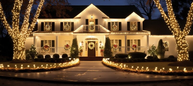 House facade decorated with Christmas decoration and lights, holiday and culture concept. Generative AI