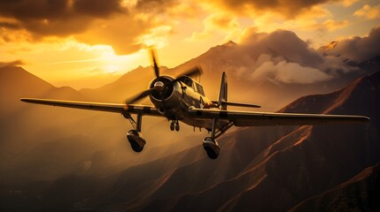 Fototapeta na wymiar The plane on a background of the sun and mountains