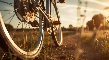 Photo sur Plexiglas Vélo Close up of bicycle wheel with sunset