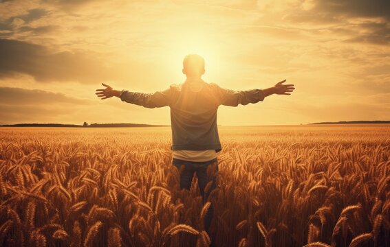Man with arms raised in the middle of a plantation, sunset in the background. Generative AI