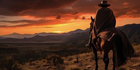 Mexican gunslinger with poncho and hat, landscape with canyons and sunset, old west concept. Generative AI - obrazy, fototapety, plakaty
