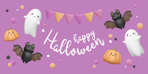 Halloween banner with 3d cute characters. Plastic ghost, flying bat and pumpkin with funny face. Vector illustration. Traditional greeting concept, cartoon art on purple background. Creative monsters.