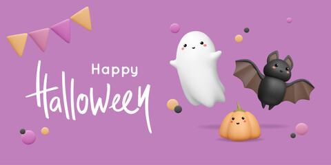 Halloween banner with 3d realistic characters. Cute ghost, flying bat and pumpkin with funny face. Vector illustration. Web greeting concept, cartoon art on violet background. Smile monsters.