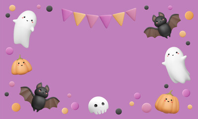 3d Halloween frame. Banner template with copy space. Border with cute bat, ghost with smile, pumpkin with kawaii face, skull, flags and dots on violet background. Vector festive illustration.