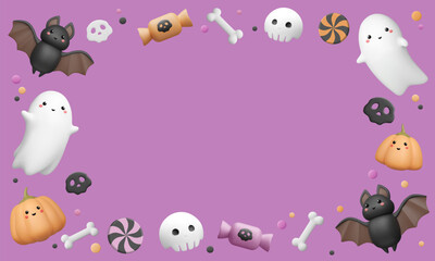 3d Halloween elements frame. Banner template with copy space. Cute bat, ghost with smile, pumpkin with kawaii face, bone, skull, candy and dots on violet background. Vector holiday illustration.