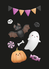Halloween 3d plastic elements. Cute ghost, round bat, pumpkin with kawaii face. Candy, skull and bunting elements. Vector realistic illustration. Funny characters. Party poster, sticker set.