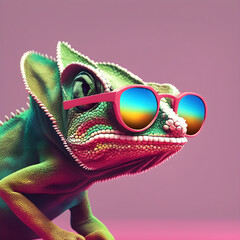 Chameleon wearing sunglass colorful chameleon with pink background