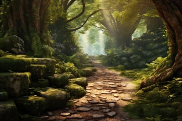 Mystical forest with stone paths, concept of fantasy and fairy tales. Generative AI