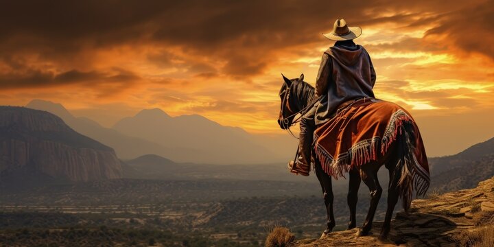 Mexican gunslinger with poncho and hat, landscape with canyons and sunset, old west concept. Generative AI