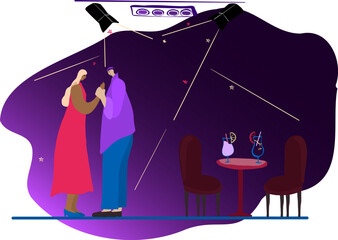 person in a club. hand drawn illustration of people . romantic evening. idea for shopper, postcard, screensaver