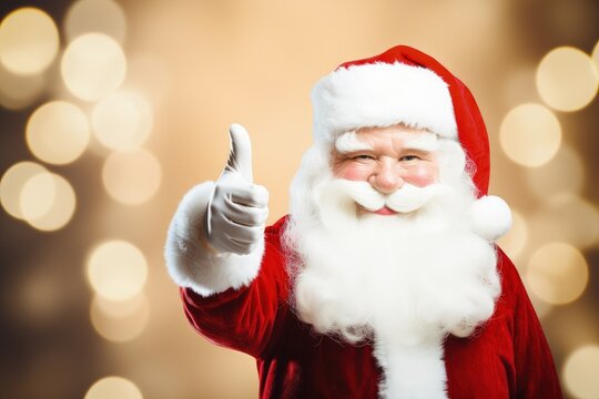 Santa claus smiling giving thumbs up, bokeh background with space for text. Generative AI