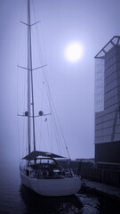 Halifax Harbor foggy morning with a moored boat and the rising sun in Nova Scotia, Canada, blue...