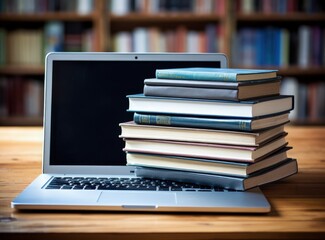 Laptop with books, library in background, knowledge, education and technology concept. Generative AI