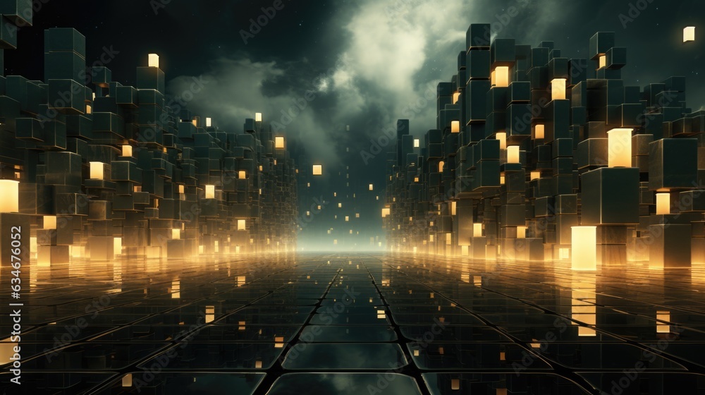 Aufkleber a dark tunnel with glowing lights and a lot of cubes. generative ai image.