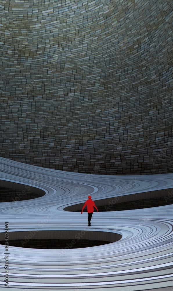 Poster a man in a red jacket walking through a tunnel. generative ai image.