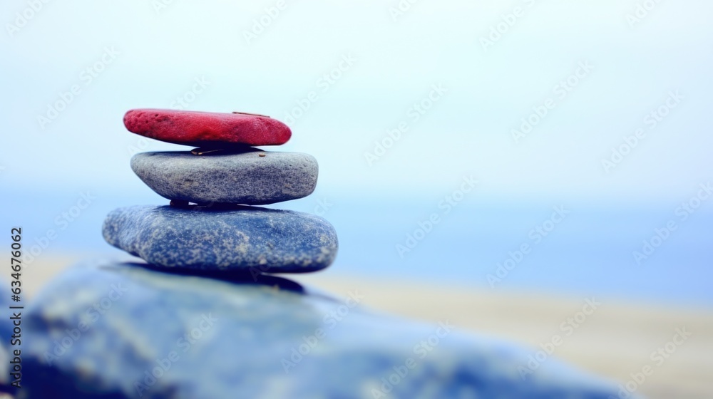 Poster a stack of rocks with a red stone on top. generative ai image.
