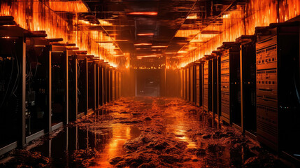 Firefighters are putting out the burning server room