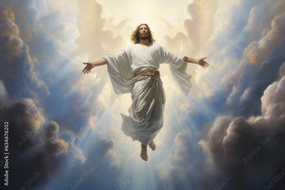 Wall mural Jesus Christ ascends to heaven illuminated by a beam of light in a sky with pastel colored clouds. Generative Ai - Wall murals