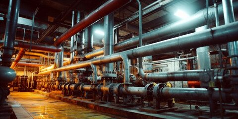 Pipes and meters in the factory room.   - obrazy, fototapety, plakaty