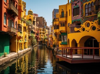 A Colorful Waterway in a City