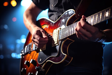 Obraz premium Electrifying Performance: Closeup of Guitarist Guy Fingerstyle Playing on Electric Guitar on Concert Stage. created with Generative AI