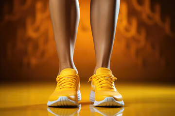 A woman's legs in yellow sneakers standing on a yellow background. Generative AI image.