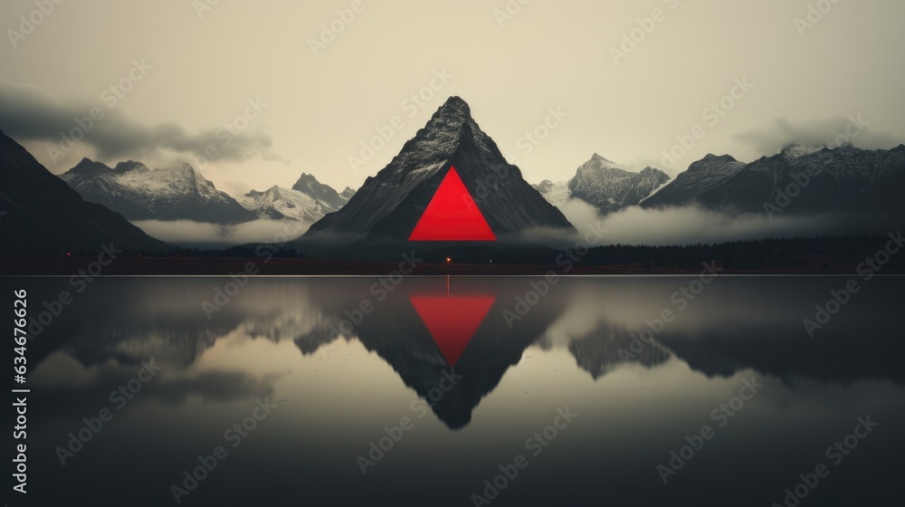 Poster a red triangle is reflected in the water. generative ai image.