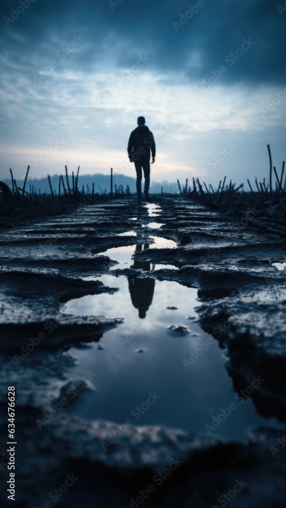Poster a man walking on a road with puddles in the middle. generative ai image.
