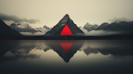 A red triangle is reflected in the water. Generative AI image.
