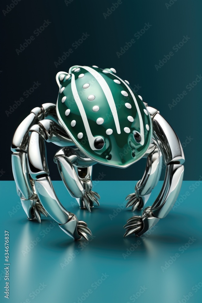 Aufkleber a green and silver robot crab with a metal shell. generative ai image.