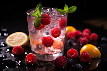 Closeup Photo of Fresh Cold Alcoholic Fruit Cocktail with Ice, Lemon, Berries, and Mint on a Black Bar Counter.. created with Generative AI