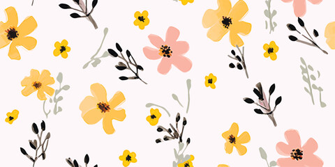 Hand drawn flowers, seamless patterns with floral for fabric, textiles, clothing, wrapping paper, cover, banner, interior decor, abstract backgrounds