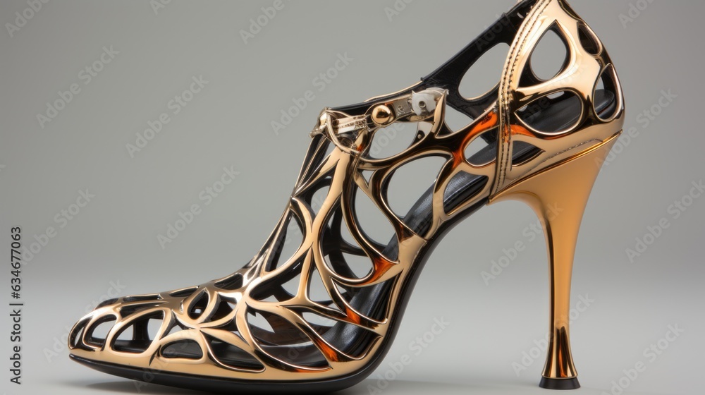Poster a high heel shoe with an intricate design. generative ai image.