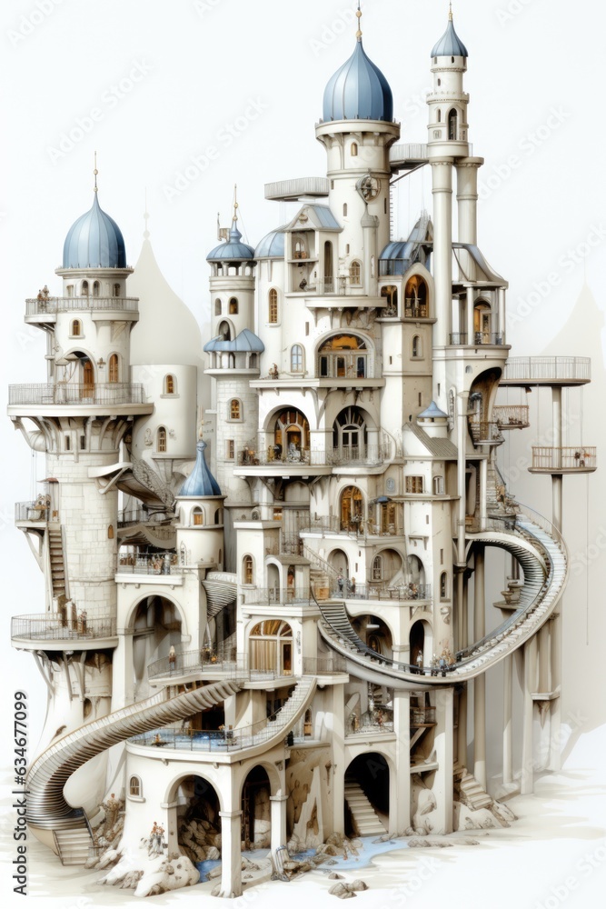 Poster a drawing of a castle with a slide. generative ai image.