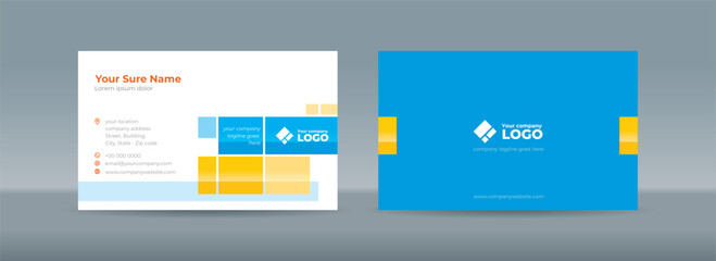 Set of double-sided business card template with Abstract random cyan and yellow rectangle on white background