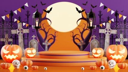 3d rendering illustration design for halloween banner with pumpkin,crucifix, skull, candle, candy, givebox ,grave on background.