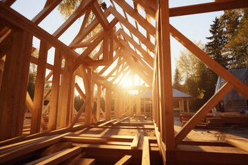 Obraz premium assembly of the wooden frames beams and trusses. Generative AI