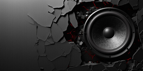 Fototapeta Black wall breaks from sound with loudspeaker. Generative AI obraz