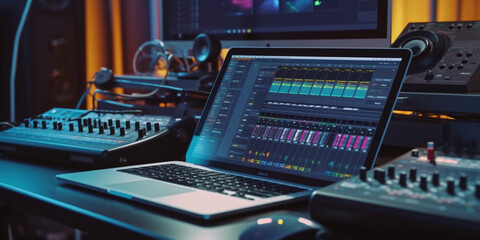 Modern Music Record Studio Control Desk with Laptop.   - obrazy, fototapety, plakaty