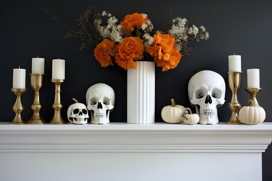 Halloween Mantel Decor. Halloween Mantels Fireplaces ideas 2023. DIY Halloween Decorations to scary home. Ideas of Halloween indoor and outdoor decor on October 31
