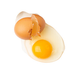 Broken Egg Isolated, Raw Yolk and White, Cracked Brown Shell, Fresh Broken Chicken Eggs on White...