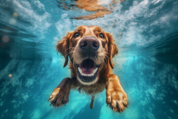 water dog underwater funny snorkeling vacation fun puppy pool swimming. Generative AI.