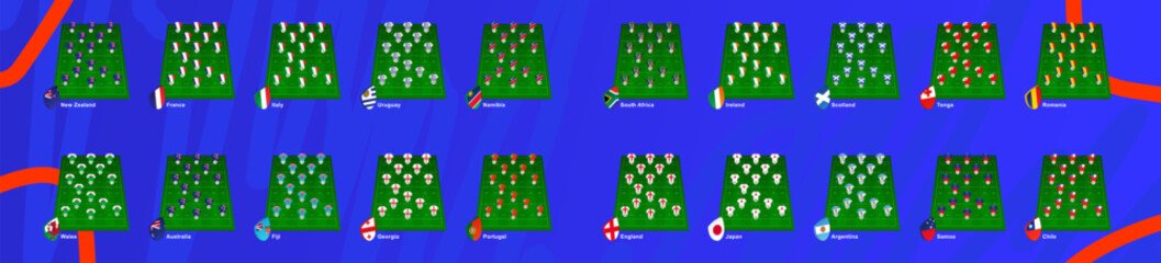 Big set of rugby field with player position, all participants of international championship 2023.
