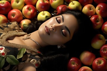 Fototapeta na wymiar Sensual woman laying among a pile of apples. A fictional character created by Generated AI