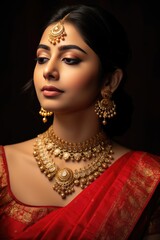 Elegant Indian woman adorned with traditional gold jewelry. A fictional character created by Generated AI